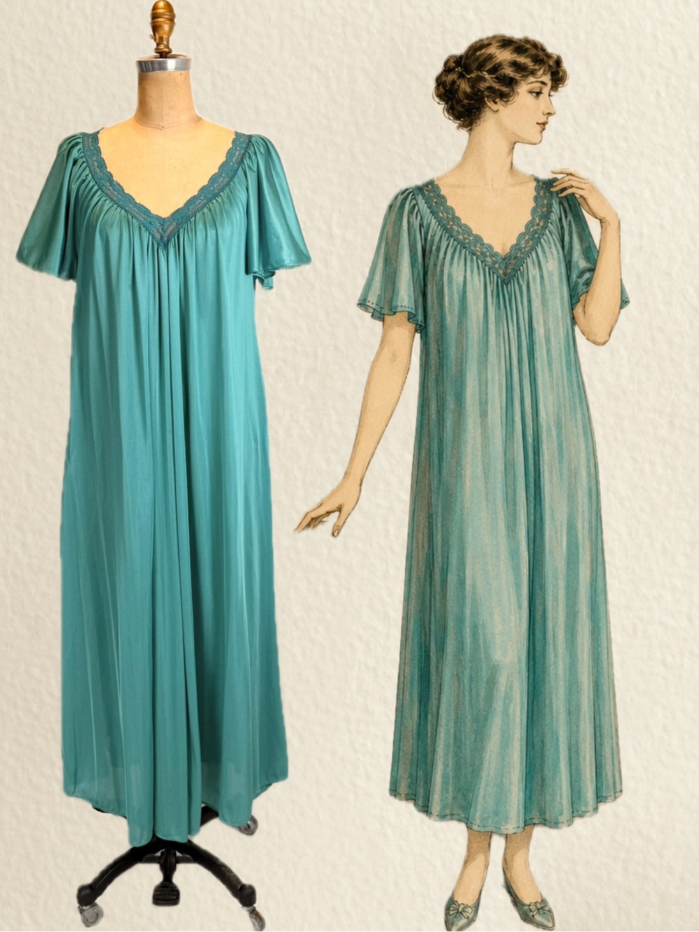 VINTAGE 80s silky nylon nightgown slip dress lingerie lace v neck long maxi teal